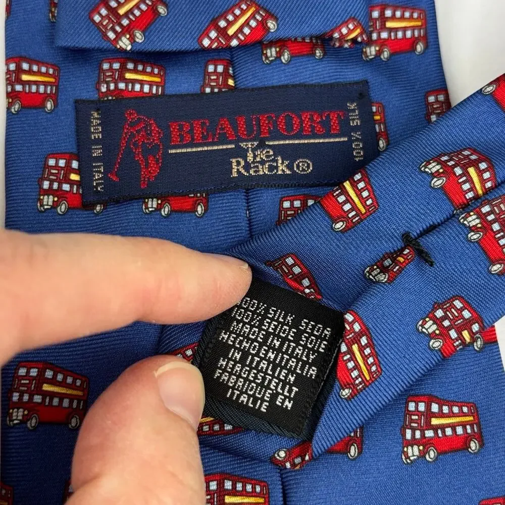 Silk Tie London Double Decker Bus Print Beaufort Tie Rack 100% silk vintage blue